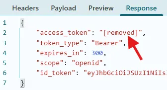 An access token response with a redacted access token
