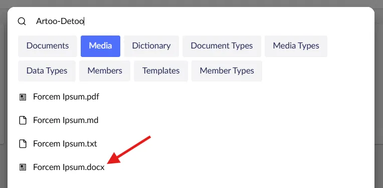 Backoffice media search including a docx search result