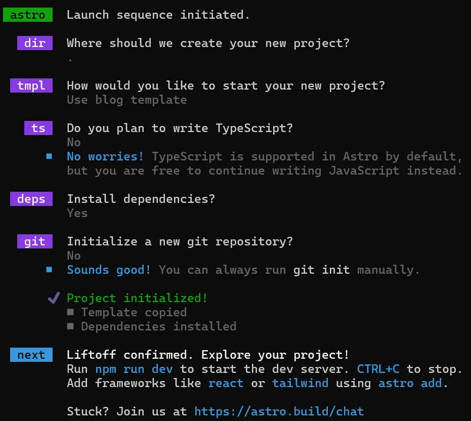 Astro installing the blog template in a terminal window