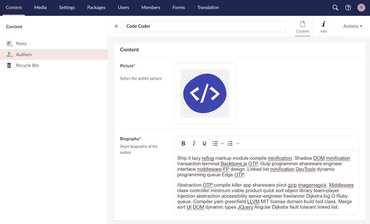 The author with biography in Umbraco
