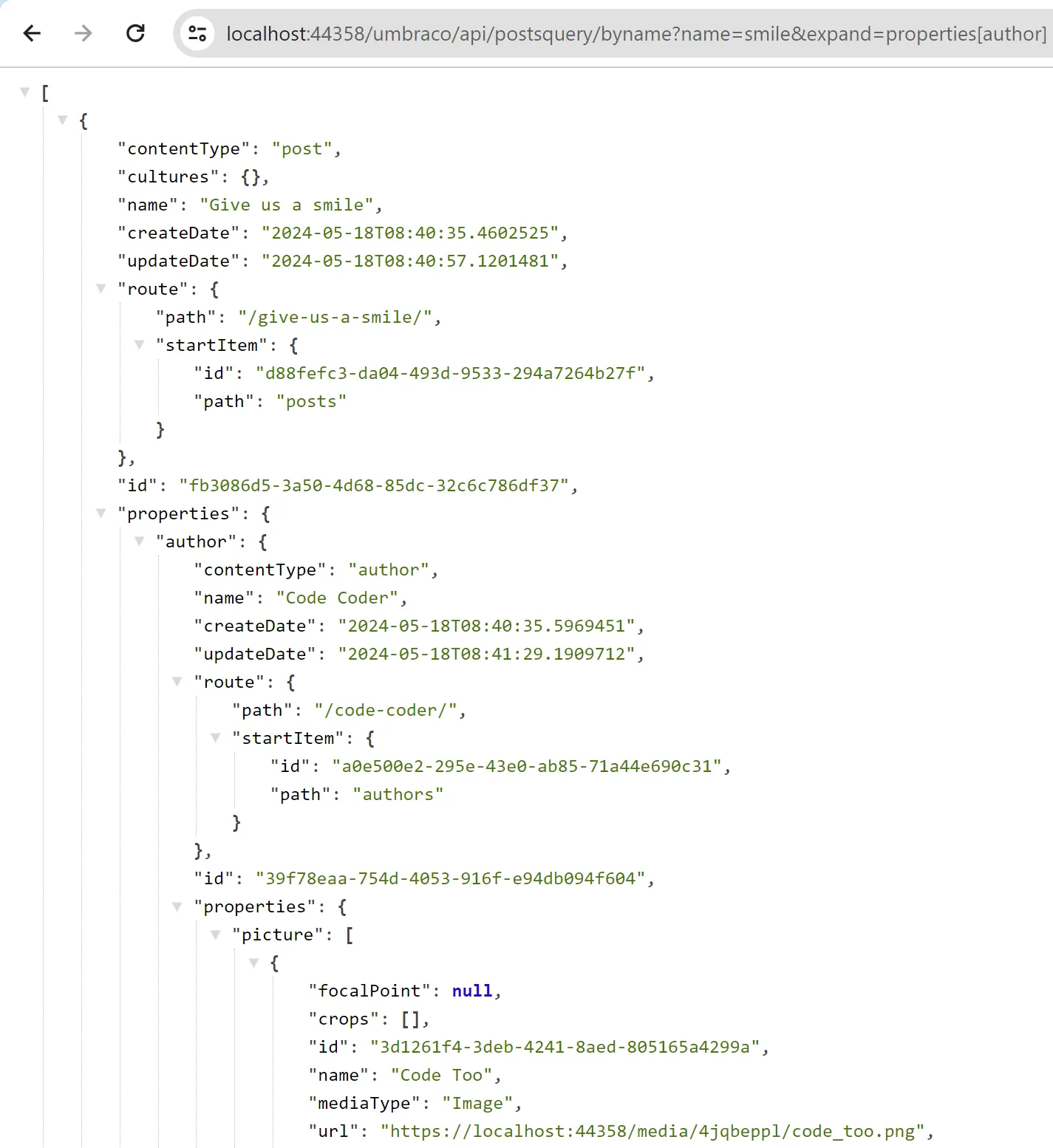Custom content API output with property expansion applied