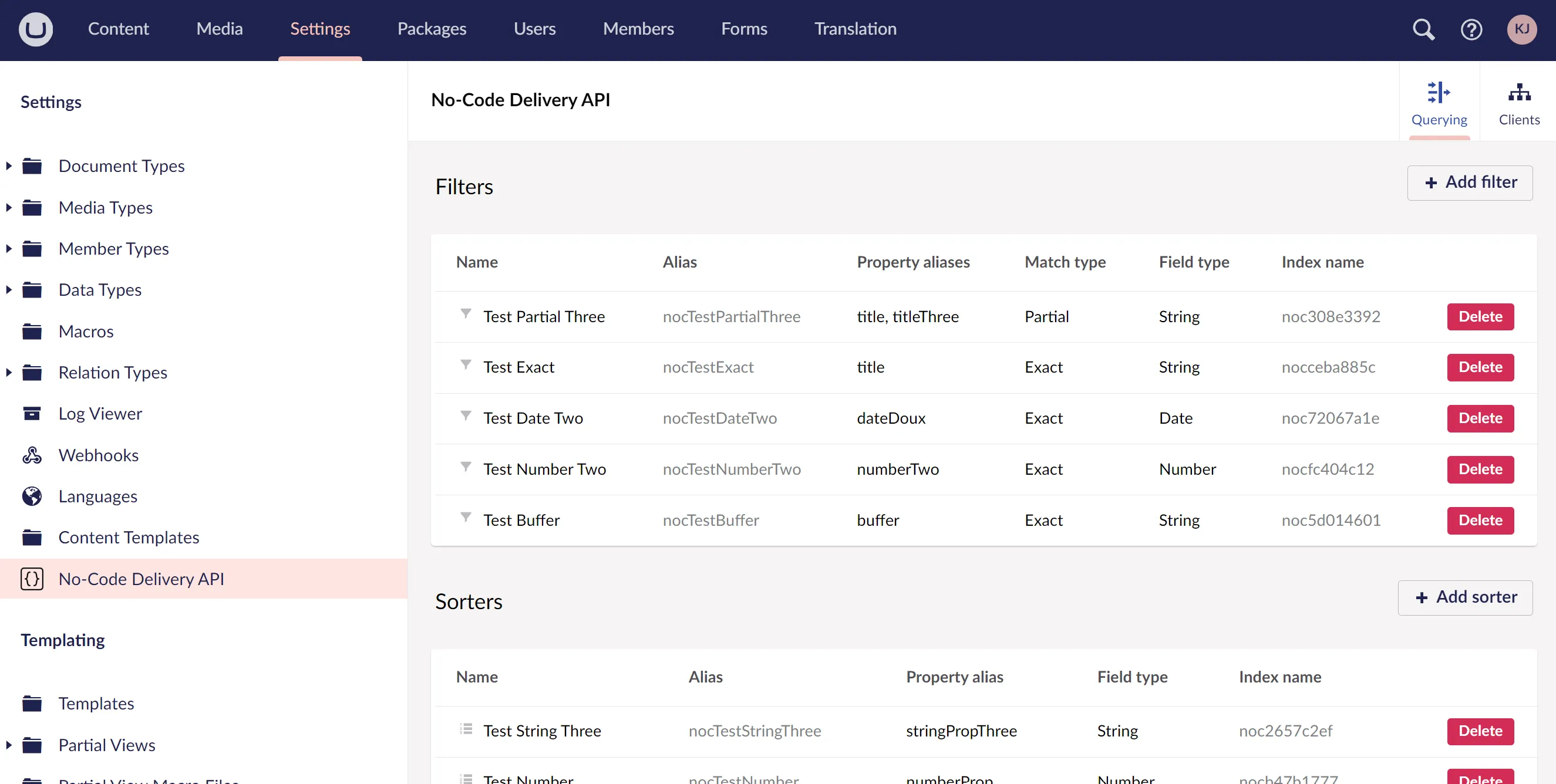 The No-Code Delivery API configuration section within the Umbraco backoffice