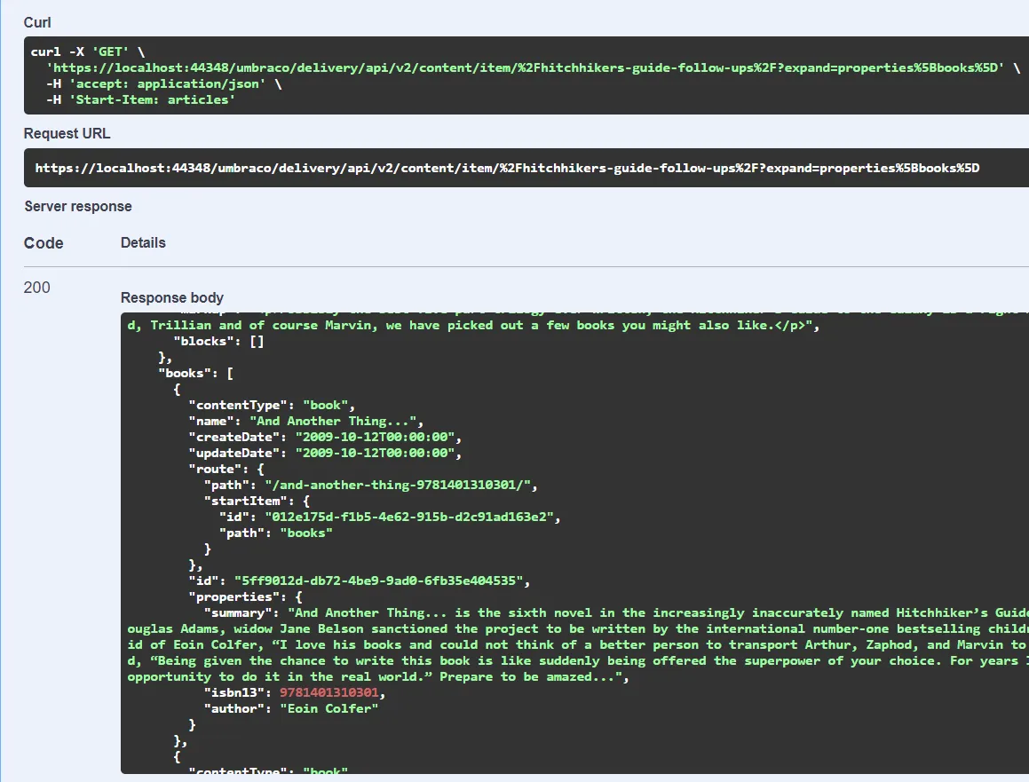 Swagger displaying the expanded API output for the article