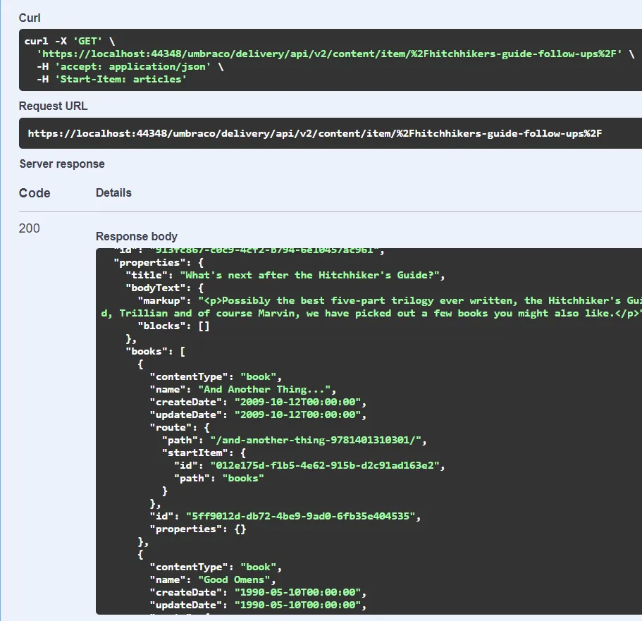 Swagger displaying the API output for the article