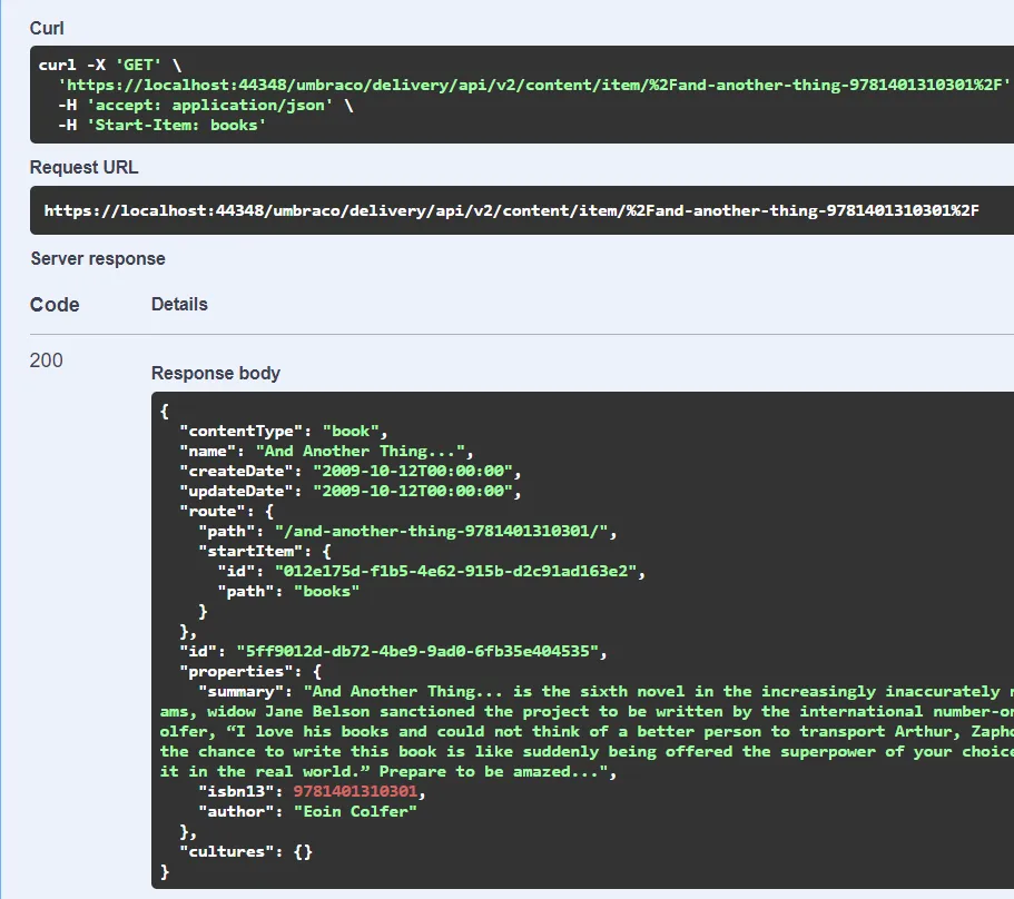 Swagger displaying the API output for the book