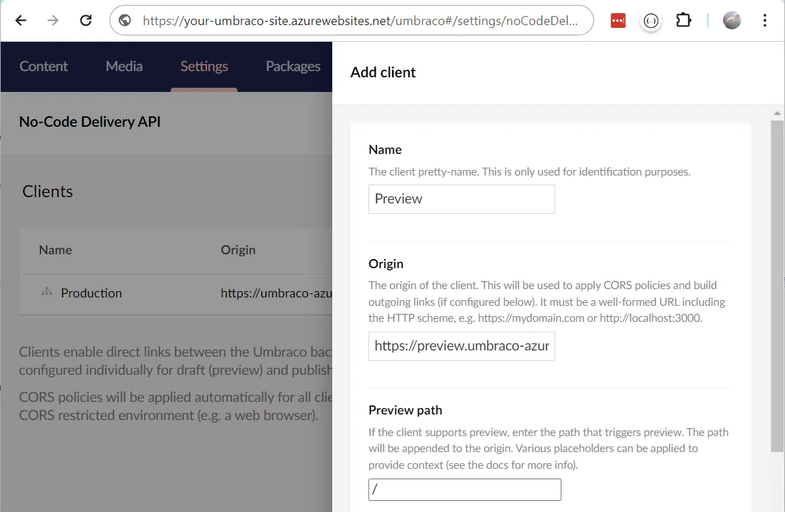 Configuring a new Client in Umbraco