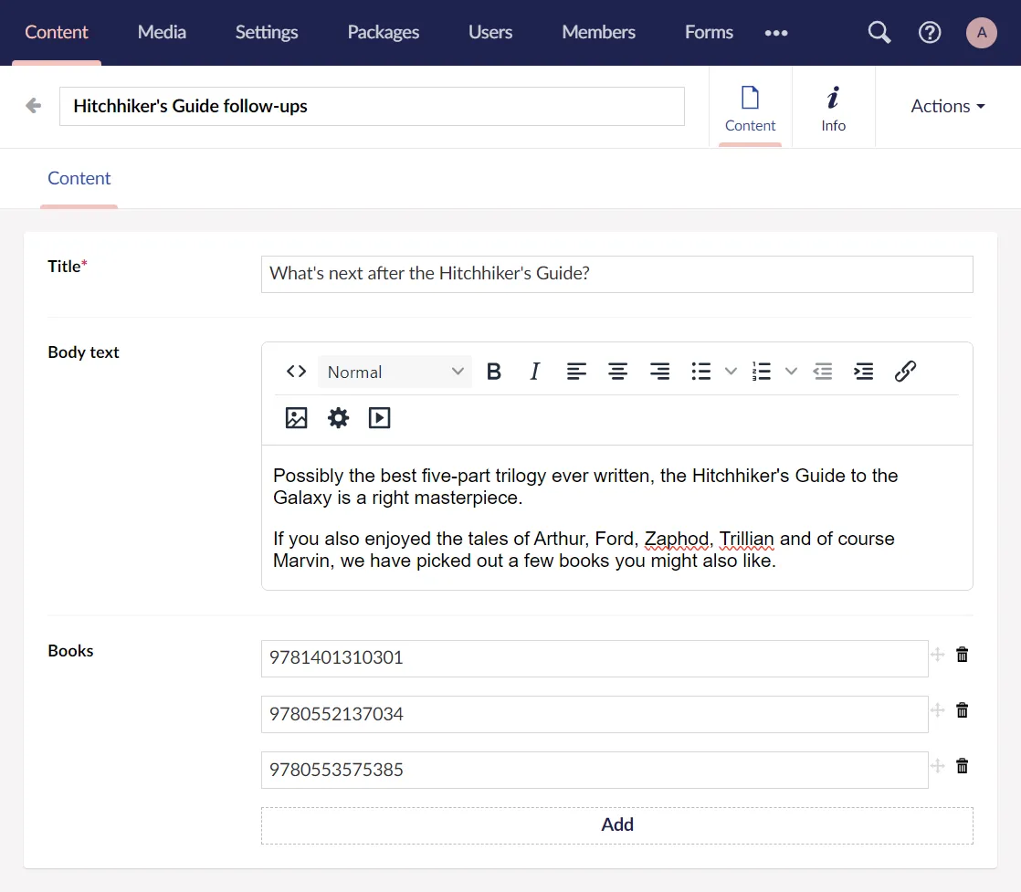 Writing an article with related books in Umbraco
