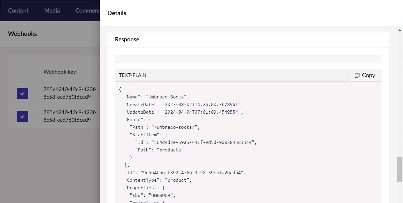 Detailed view of a webhook delivery log in Umbraco