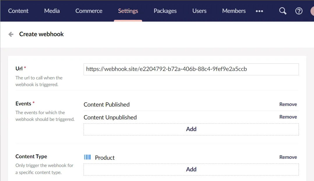 Configuring a webhook in Umbraco