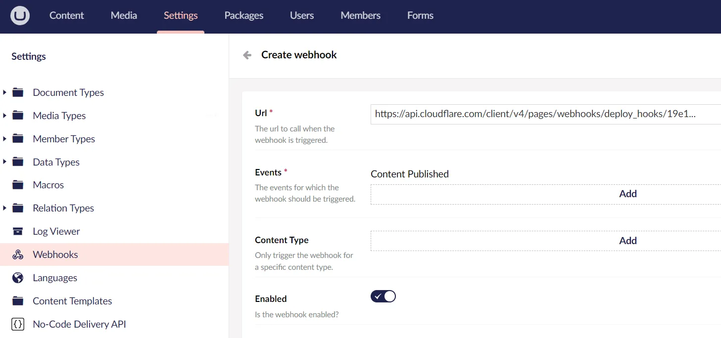 Configuring webhooks in Umbraco