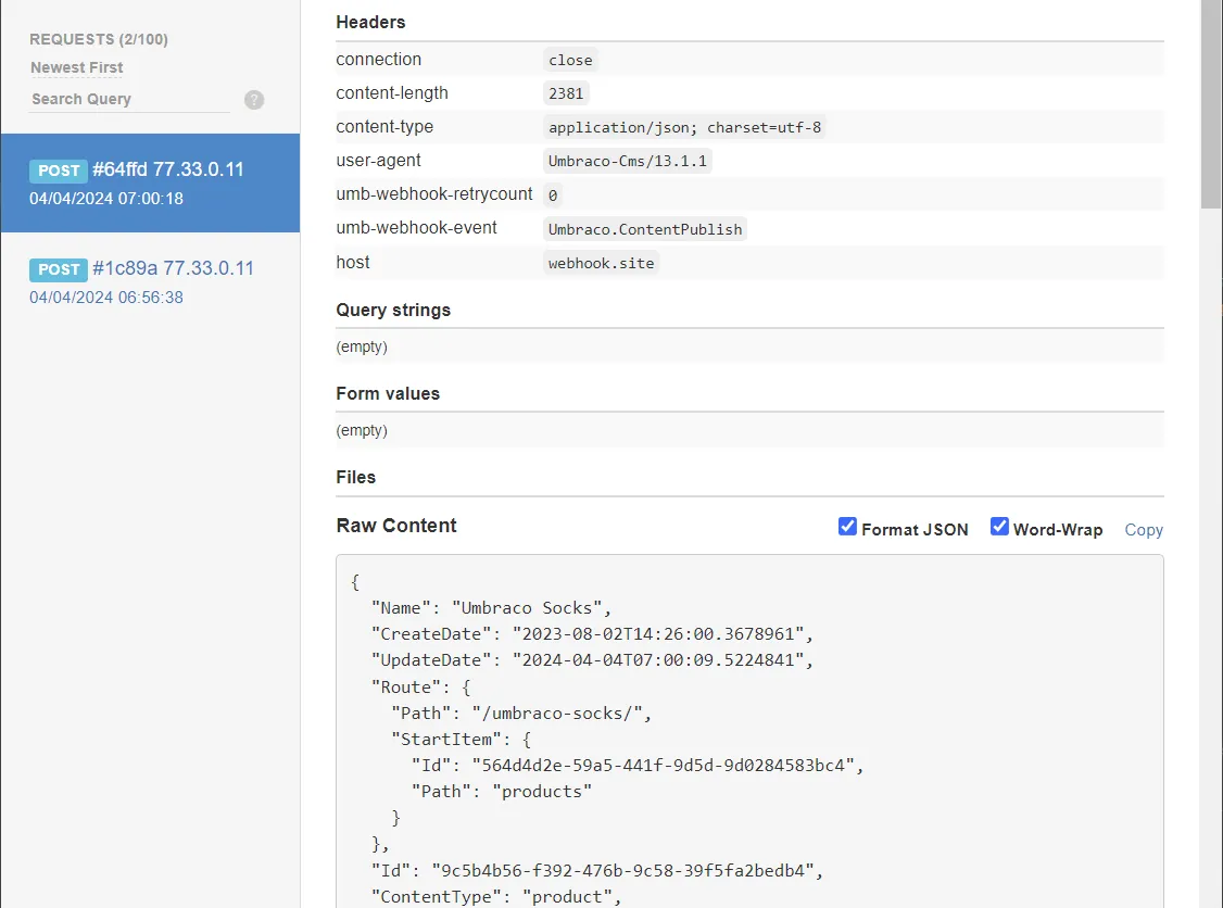 Webhook.site displaying the payload of a webhook execution